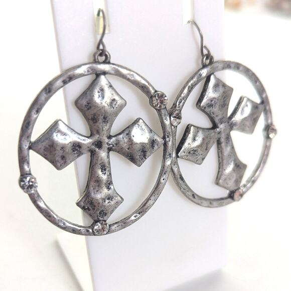 Hammered Silver Tone Maltese Cross Rhinestone Statement Hook Dangle Earrings - Picture 3 of 4